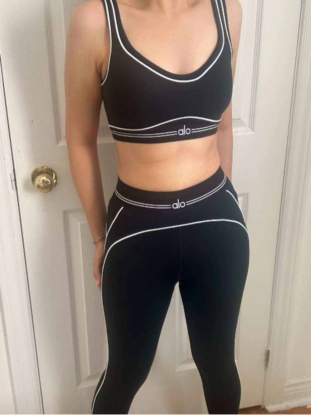 ALO Yoga Black Sports Bra and pants with White Contrast Piping